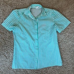 Vintage Laura Mae Secretary Shirt- Womens size 12, teal & white vertical stripes